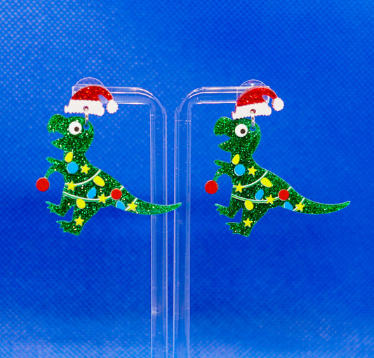 Roaring Dinosaur Christmas Earrings